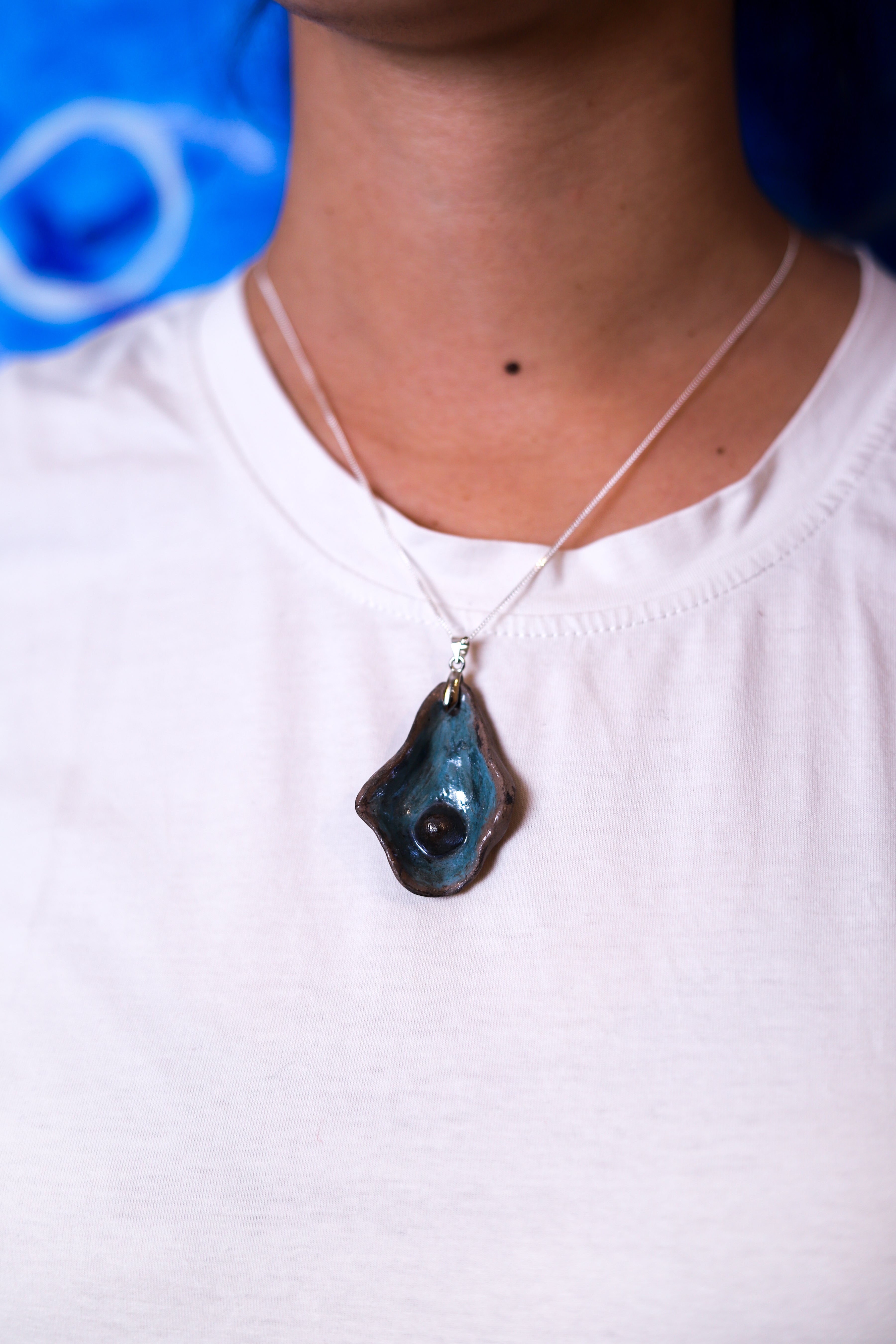 Teal Oyster Ceramic Necklace (Black Clay)